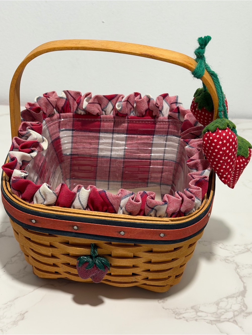 Vintage Longaberger Strawberry Basket with Red Plaid Liner